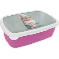 MuchoWow Broodtrommel Roze - Lunchbox Kerstgnome - Cadeau - Groen - Brooddoos 18x12x6 cm - Brood lunch box - Broodtrommels voor kinderen en volwassenen