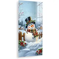 MuchoWow Glasschilderij 60x120 cm - Schilderij acrylglas - Sneeuwpop - Winterdorp - Kleurrijk - Foto op glas - Muurdecoratie woonkamer - Wanddecoratie slaapkamer - Schilderijen