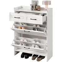 Merax Witte Schoenenkast met 4 Opbergvakken en 1 Lade - Smalle Schoenenkast met Klepdeuren - Moderne Opbergkast voor Hal of Entree - 80 x 34 x 107.5 cm