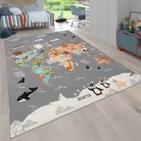 Flycarpets Binola Kindervloerkleed Grijs / Kleurrijk - 200x290 cm - Wereldkaart / Dieren Speelkleed / Speelmat - Laagpolig Vloerkleed Kinderkamer