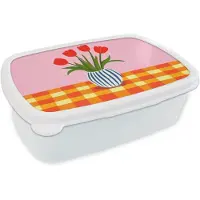 MuchoWow Broodtrommel Wit - Lunchbox Tulpen - Roze - Vaas - Brooddoos 18x12x6 cm - Brood lunch box - Broodtrommels voor kinderen en volwassenen