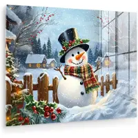 MuchoWow Glasschilderij 40x30 cm - Schilderij acrylglas - Sneeuwpop - Winterdorp - Kleurrijk - Foto op glas - Muurdecoratie woonkamer - Wanddecoratie slaapkamer - Schilderijen