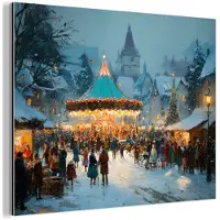 MuchoWow Aluminium schilderij 160x120 cm - Wanddecoratie metaal - Winterkermis - Dorp - Kleurrijk - Metalen muurdecoratie woonkamer - Decoratie industrieel - Foto op dibond - Industriële accessoires slaapkamer