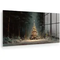 MuchoWow Glasschilderij 40x20 cm - Schilderij acrylglas - Kerstboom - Bos - Sneeuw - meerkleurig - Foto op glas - Muurdecoratie woonkamer - Wanddecoratie slaapkamer - Schilderijen