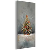 MuchoWow Aluminium schilderij 40x80 cm - Wanddecoratie metaal - Kerstboom - Cadeaus - Rood - Goud - Metalen muurdecoratie woonkamer - Decoratie industrieel - Foto op dibond - Industriële accessoires slaapkamer