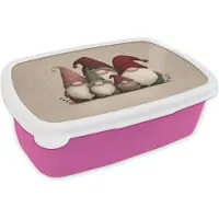 MuchoWow Broodtrommel Roze - Lunchbox Kabouters - Kerst - Sneeuw - Puntmutsen - Brooddoos 18x12x6 cm - Brood lunch box - Broodtrommels voor kinderen en volwassenen