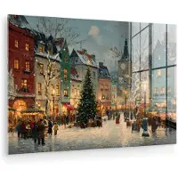 MuchoWow Glasschilderij 60x40 cm - Schilderij acrylglas - Kerstsfeer - Stadsplein - Kleurrijk - Foto op glas - Muurdecoratie woonkamer - Wanddecoratie slaapkamer - Schilderijen
