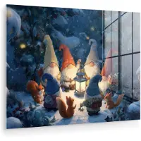 MuchoWow Glasschilderij 120x90 cm - Schilderij acrylglas - Winter - Gnooms - Eekhoorns - Meerkleurig - Foto op glas - Muurdecoratie woonkamer - Wanddecoratie slaapkamer - Schilderijen