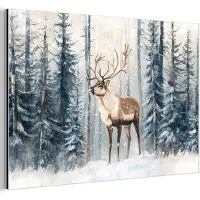 MuchoWow Aluminium schilderij 30x20 cm - Wanddecoratie metaal - Rendier - Sneeuw - Woud - Wit - Metalen muurdecoratie woonkamer - Decoratie industrieel - Foto op dibond - Industriële accessoires slaapkamer