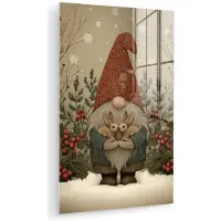 MuchoWow Glasschilderij 60x90 cm - Schilderij acrylglas - Kerstgnome - Konijntjes - Kleurrijk - Foto op glas - Muurdecoratie woonkamer - Wanddecoratie slaapkamer - Schilderijen