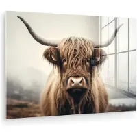 MuchoWow Glasschilderij 30x20 cm - Schilderij acrylglas - Schotse hooglander - Hoorns - Landschap - Foto op glas - Muurdecoratie woonkamer - Wanddecoratie slaapkamer - Schilderijen