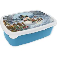 MuchoWow Broodtrommel Blauw - Lunchbox Sneeuwpop - Winterdorp - Kleurrijk - Brooddoos 18x12x6 cm - Brood lunch box - Broodtrommels voor kinderen en volwassenen