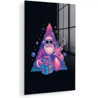 MuchoWow Glasschilderij 100x150 cm - Schilderij acrylglas - Retro - Kerstman - Rendieren - Kerstboom - Foto op glas - Muurdecoratie woonkamer - Wanddecoratie slaapkamer - Schilderijen