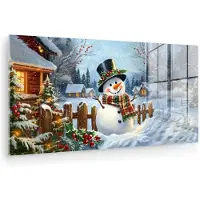 MuchoWow Glasschilderij 160x80 cm - Schilderij acrylglas - Sneeuwpop - Winterdorp - Kleurrijk - Foto op glas - Muurdecoratie woonkamer - Wanddecoratie slaapkamer - Schilderijen