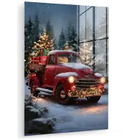 MuchoWow Glasschilderij 60x80 cm - Schilderij acrylglas - Kersttruck - Sneeuwbos - Rood - Foto op glas - Muurdecoratie woonkamer - Wanddecoratie slaapkamer - Schilderijen