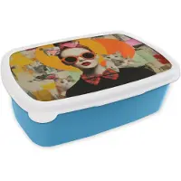 MuchoWow Broodtrommel Blauw - Lunchbox Vrouw - Bril - Strik - Retro - Brooddoos 18x12x6 cm - Brood lunch box - Broodtrommels voor kinderen en volwassenen