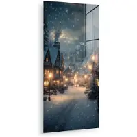 MuchoWow Glasschilderij 20x40 cm - Schilderij acrylglas - Winterdorp - Sneeuw - Donker - Foto op glas - Muurdecoratie woonkamer - Wanddecoratie slaapkamer - Schilderijen