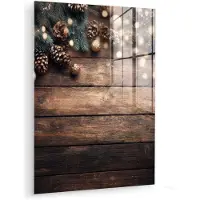 MuchoWow Glasschilderij 30x40 cm - Schilderij acrylglas - Kerstdecoratie - Houten - Dennenappel - Bruin - Foto op glas - Muurdecoratie woonkamer - Wanddecoratie slaapkamer - Schilderijen