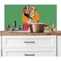 KitchenYeah Spatscherm keuken 100x50 cm - Kookplaat achterwand Retro - Vrouw - Stad - Zon - Muurbeschermer - Spatwand fornuis - Hoogwaardig aluminium