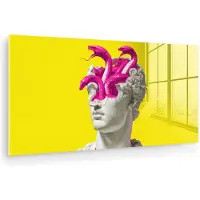 MuchoWow Glasschilderij 80x40 cm - Schilderij acrylglas - Buste - Slangen - Geel - Foto op glas - Muurdecoratie woonkamer - Wanddecoratie slaapkamer - Schilderijen