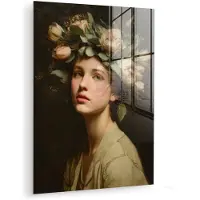 MuchoWow Glasschilderij 60x80 cm - Schilderij acrylglas - Bloemenstilte - Vrouw - Portret - Foto op glas - Muurdecoratie woonkamer - Wanddecoratie slaapkamer - Schilderijen