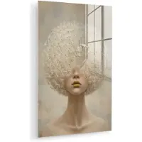 MuchoWow Glasschilderij 80x120 cm - Schilderij acrylglas - Dromerig - Beige - Paardenbloemzaadjes - Foto op glas - Muurdecoratie woonkamer - Wanddecoratie slaapkamer - Schilderijen