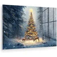 MuchoWow Glasschilderij 30x20 cm - Schilderij acrylglas - Kerstlicht - Woud - Hert - Donker - Foto op glas - Muurdecoratie woonkamer - Wanddecoratie slaapkamer - Schilderijen