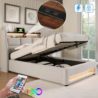 SINGULARITY -Gestoffeerd bed met USB 90x200cm- LED eenpersoonsbed van metalen frame- bedframe van linnen materiaal jeugdbed zonder matras