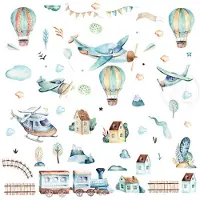Siso Wandsticker Vliegtuigen en Luchtballonnen - Zelfklevende Muurdecoratie voor Kinderkamer - 90x90 cm - Vliegtuig Wandsticker voor Jongenskamer en Kinderdagverblijf