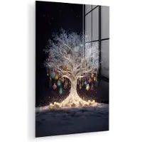 MuchoWow Glasschilderij 60x90 cm - Schilderij acrylglas - Sneeuwboom - Lichtjes - Wit - Kleurrijk - Foto op glas - Muurdecoratie woonkamer - Wanddecoratie slaapkamer - Schilderijen