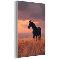 MuchoWow Aluminium schilderij 60x90 cm - Wanddecoratie metaal - Paard - Wolken - Open veld - Metalen muurdecoratie woonkamer - Decoratie industrieel - Foto op dibond - Industriële accessoires slaapkamer