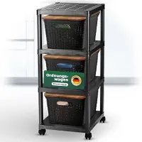Novaliv rolwagen 4 niveaus met 3x rotan mand zwart & houten deksel, badkamerplank badkamer keuken opbergwagen zijwagen universele wagen schoonmaakwagen opbergorganizer