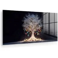 MuchoWow Glasschilderij 40x20 cm - Schilderij acrylglas - Sneeuwboom - Lichtjes - Wit - Kleurrijk - Foto op glas - Muurdecoratie woonkamer - Wanddecoratie slaapkamer - Schilderijen