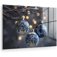 MuchoWow Glasschilderij 30x20 cm - Schilderij acrylglas - Kerstbal - Versierd - Blauw - Foto op glas - Muurdecoratie woonkamer - Wanddecoratie slaapkamer - Schilderijen