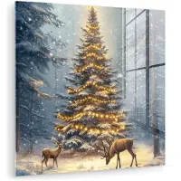MuchoWow Glasschilderij 50x50 cm - Schilderij acrylglas - Kerstlicht - Woud - Hert - Donker - Foto op glas - Muurdecoratie woonkamer - Wanddecoratie slaapkamer - Schilderijen