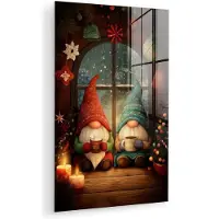 MuchoWow Glasschilderij 60x90 cm - Schilderij acrylglas - Gnooms - Kerst - Raam - Kleurrijk - Foto op glas - Muurdecoratie woonkamer - Wanddecoratie slaapkamer - Schilderijen