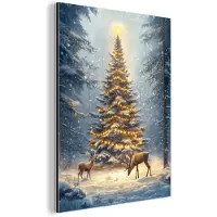 MuchoWow Aluminium schilderij 30x40 cm - Wanddecoratie metaal - Kerstlicht - Woud - Hert - Donker - Metalen muurdecoratie woonkamer - Decoratie industrieel - Foto op dibond - Industriële accessoires slaapkamer