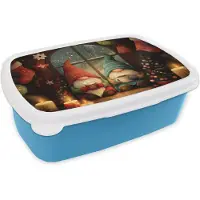 MuchoWow Broodtrommel Blauw - Lunchbox Gnooms - Kerst - Raam - Kleurrijk - Brooddoos 18x12x6 cm - Brood lunch box - Broodtrommels voor kinderen en volwassenen