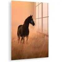 MuchoWow Glasschilderij 120x160 cm - Schilderij acrylglas - Paard - Grasveld - Zonsondergang - Foto op glas - Muurdecoratie woonkamer - Wanddecoratie slaapkamer - Schilderijen