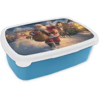 MuchoWow Broodtrommel Blauw - Lunchbox Kerstman - Dorp - Hert - Donker - Brooddoos 18x12x6 cm - Brood lunch box - Broodtrommels voor kinderen en volwassenen