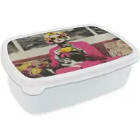 MuchoWow Broodtrommel Wit - Lunchbox Vrouw - Kat - Bloemen - Kopje - Retro - Brooddoos 18x12x6 cm - Brood lunch box - Broodtrommels voor kinderen en volwassenen