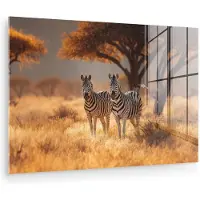 MuchoWow Glasschilderij 150x100 cm - Schilderij acrylglas - Zebra's - Savannelandschap - Gras - Foto op glas - Muurdecoratie woonkamer - Wanddecoratie slaapkamer - Schilderijen