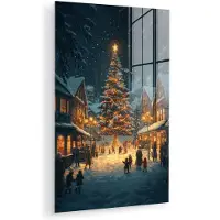 MuchoWow Glasschilderij 80x120 cm - Schilderij acrylglas - Kerstfeest - Dorp - Donker - Foto op glas - Muurdecoratie woonkamer - Wanddecoratie slaapkamer - Schilderijen