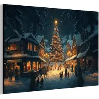 MuchoWow Aluminium schilderij 120x80 cm - Wanddecoratie metaal - Kerstfeest - Dorp - Donker - Metalen muurdecoratie woonkamer - Decoratie industrieel - Foto op dibond - Industriële accessoires slaapkamer