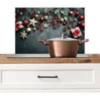 KitchenYeah Spatscherm keuken 60x40 cm - Kookplaat achterwand Kerstomlijsting - Hulst - Kleurrijk - Muurbeschermer - Spatwand fornuis - Hoogwaardig aluminium