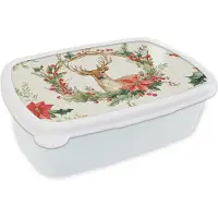 MuchoWow Broodtrommel Wit - Lunchbox Kerstkrans - Hert - Hulst - Rood - Brooddoos 18x12x6 cm - Brood lunch box - Broodtrommels voor kinderen en volwassenen