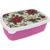 MuchoWow Broodtrommel Roze - Lunchbox Feestelijk - Textielpatroon - Kerstbloemen - Kleurrijk - Brooddoos 18x12x6 cm - Brood lunch box - Broodtrommels voor kinderen en volwassenen