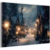 MuchoWow Aluminium schilderij 90x60 cm - Wanddecoratie metaal - Winterdorp - Sneeuw - Donker - Metalen muurdecoratie woonkamer - Decoratie industrieel - Foto op dibond - Industriële accessoires slaapkamer