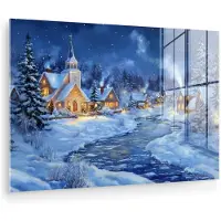 MuchoWow Glasschilderij 150x100 cm - Schilderij acrylglas - Winteravond - Kerstdorp - Donker - Foto op glas - Muurdecoratie woonkamer - Wanddecoratie slaapkamer - Schilderijen