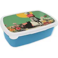 MuchoWow Broodtrommel Blauw - Lunchbox Retro - Meisje - Kat - Zon - Brooddoos 18x12x6 cm - Brood lunch box - Broodtrommels voor kinderen en volwassenen